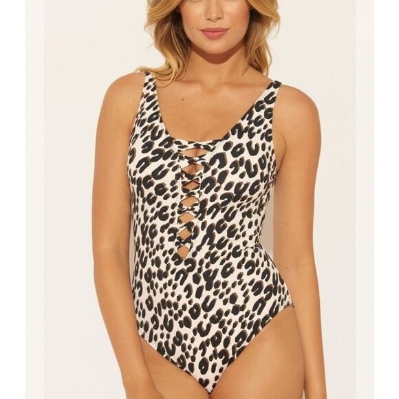 New with tags Bleu Rod Beattie Animal Print Lace Down Twist Front One-Piece Swim - Picture 10 of 15